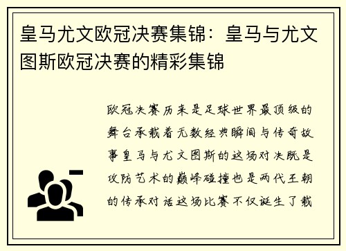 皇马尤文欧冠决赛集锦：皇马与尤文图斯欧冠决赛的精彩集锦