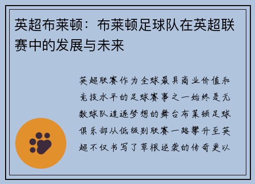 英超布莱顿：布莱顿足球队在英超联赛中的发展与未来