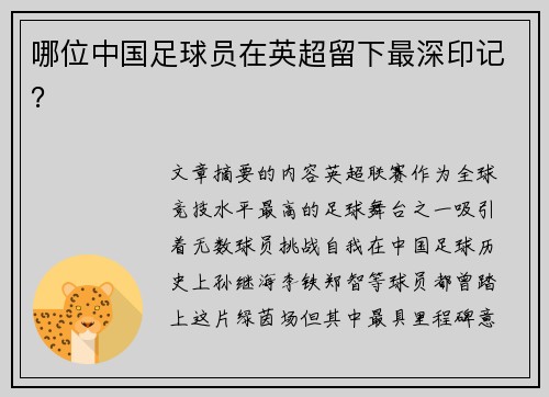 哪位中国足球员在英超留下最深印记？